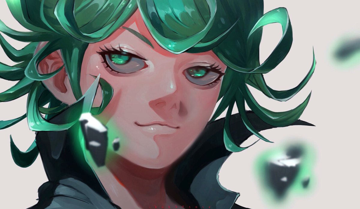 tatsumaki 1girl solo green hair green eyes curly hair short hair portrait  illustration images