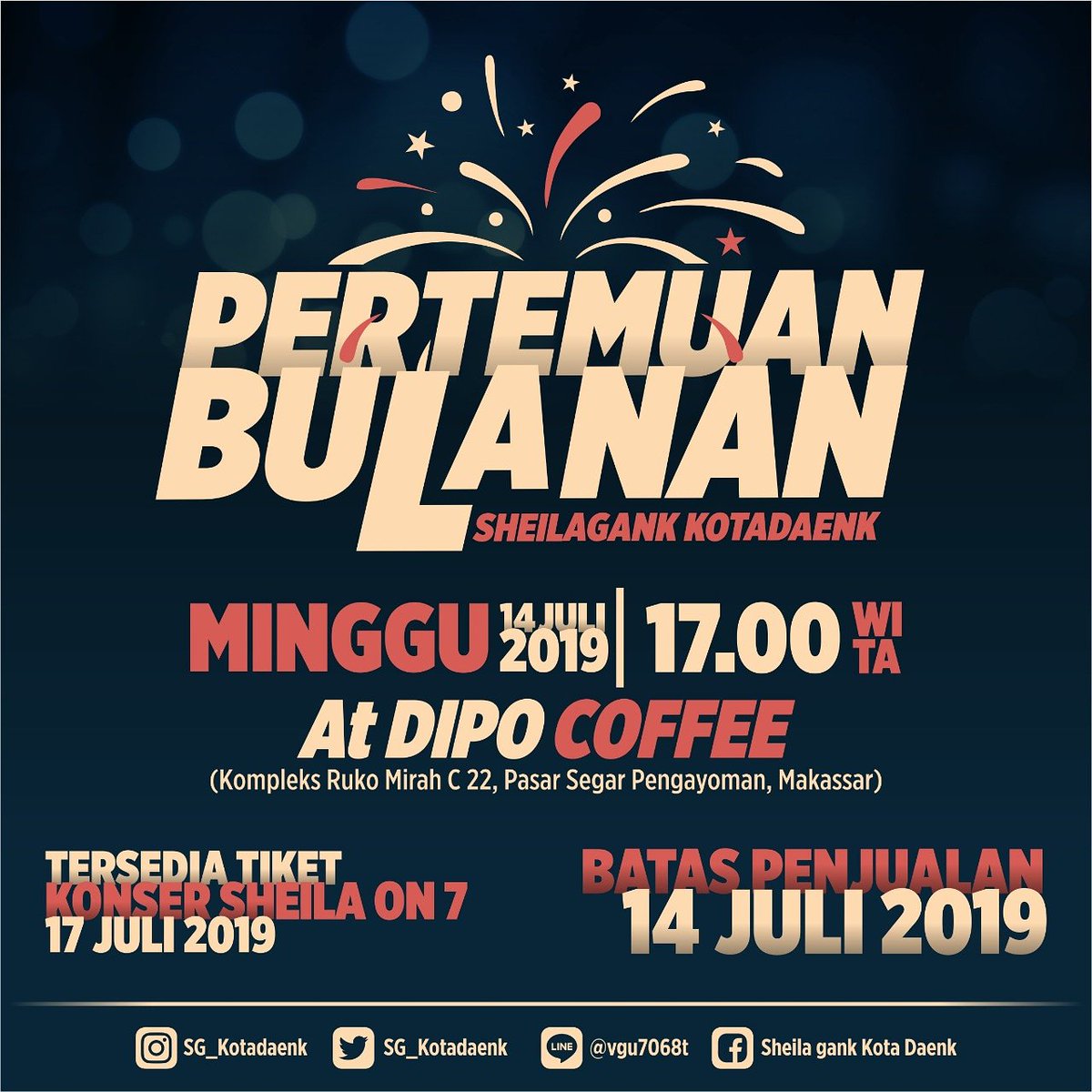 Info Pertemuan Bulanan Edisi Juli 2019

📆 : Minggu , 14 Juli 2019
⏱️ : 17.00 Wita - Selesai
📍: Dipoo coffee 

Diharapkan kehadirannya semuaaa🙌🙌

nb: Batas Pembelian Tiket Konser <a href="/sheilaon7/">Sheila On 7</a> Hari Ini Yaah ( 14 Juli 2019 )
.
.
#sheilaon7 #sheilagankkotadaenk #weareonebigfamily