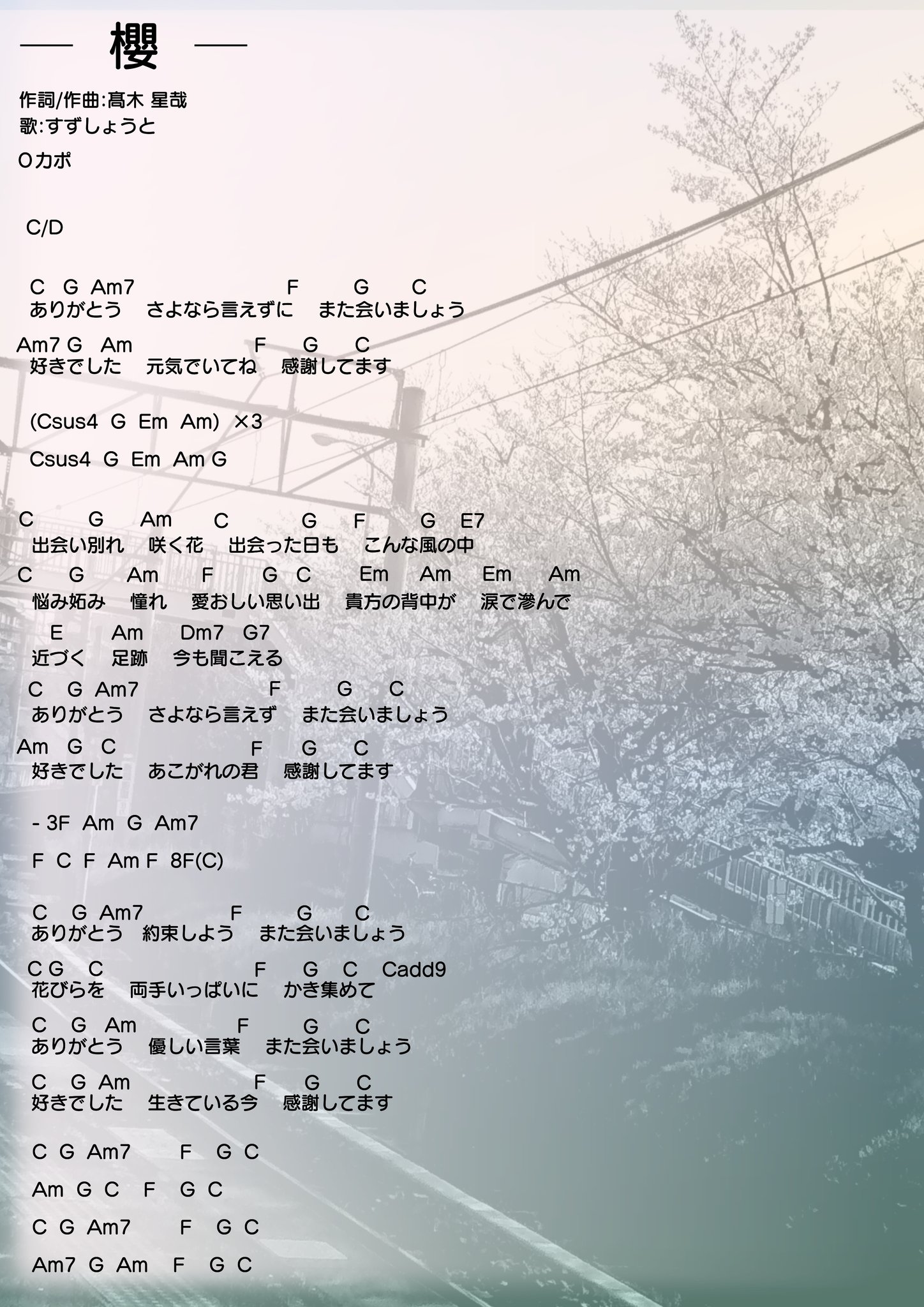 池戸 すずしょうと 櫻 ギターコード ギター初心者 今度は 最近ハマり中のyoutuberの すずしょうと さんの曲 櫻 をギターコードを自分なりに書いてみました 違和感あるかもですが はい これをアコギで練習しよ すずしょうとさん 登録