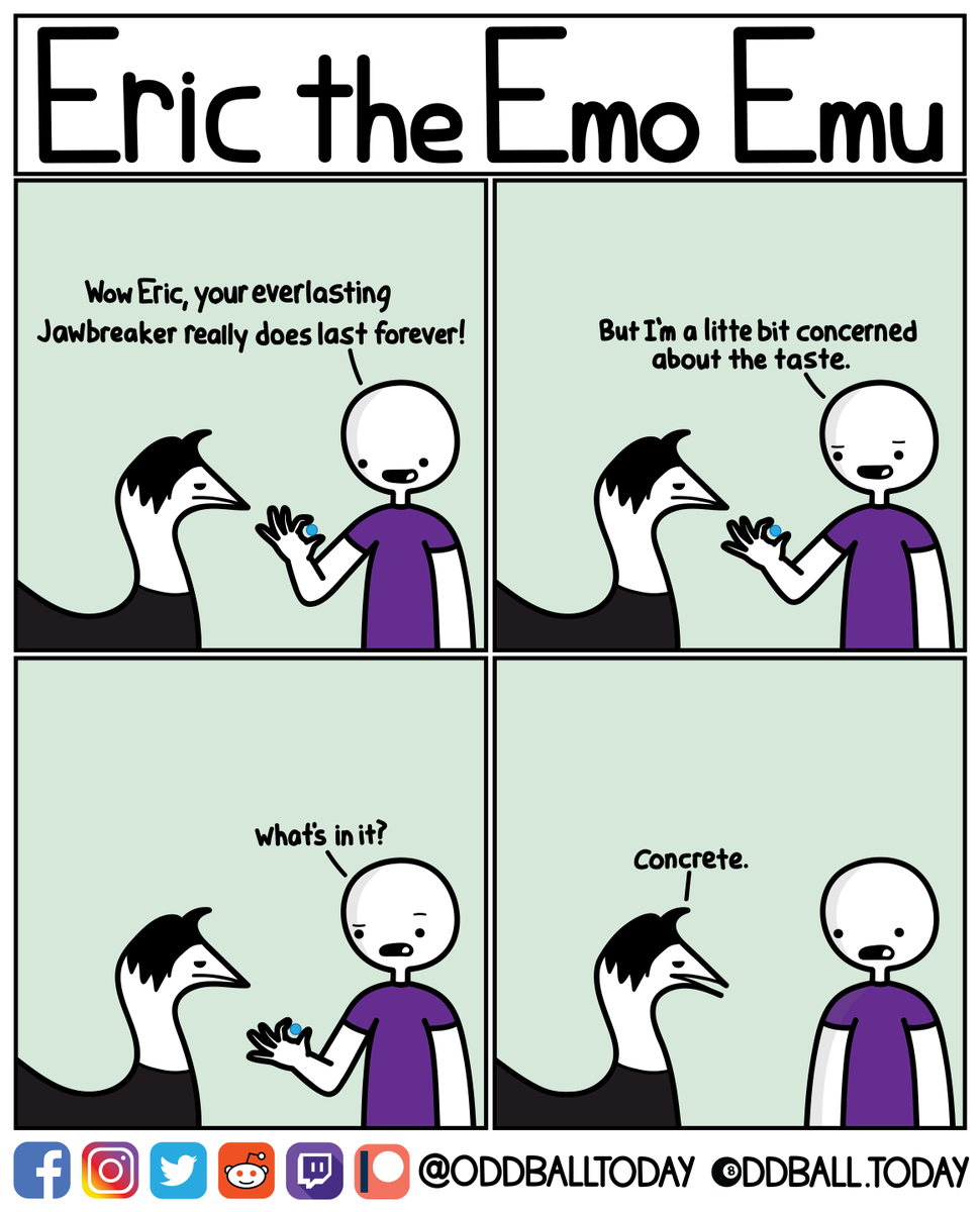 oddballtoday's tweet photo. Comic #396 - Eric Emu: Broken

https://t.co/kimFsgTKvt
.
.
.
.
.
.
.
#comic #comics #webcomic #webcomics #cartoon #art #humor #funny #lol #lols #lmao #jaw #jawbreaker #break #breaker #candy #ericemo #emo #ericemoemu #hardcandy #sweetcandy #sourcandy #goodcandy https://t.co/Ndq9ygdWii