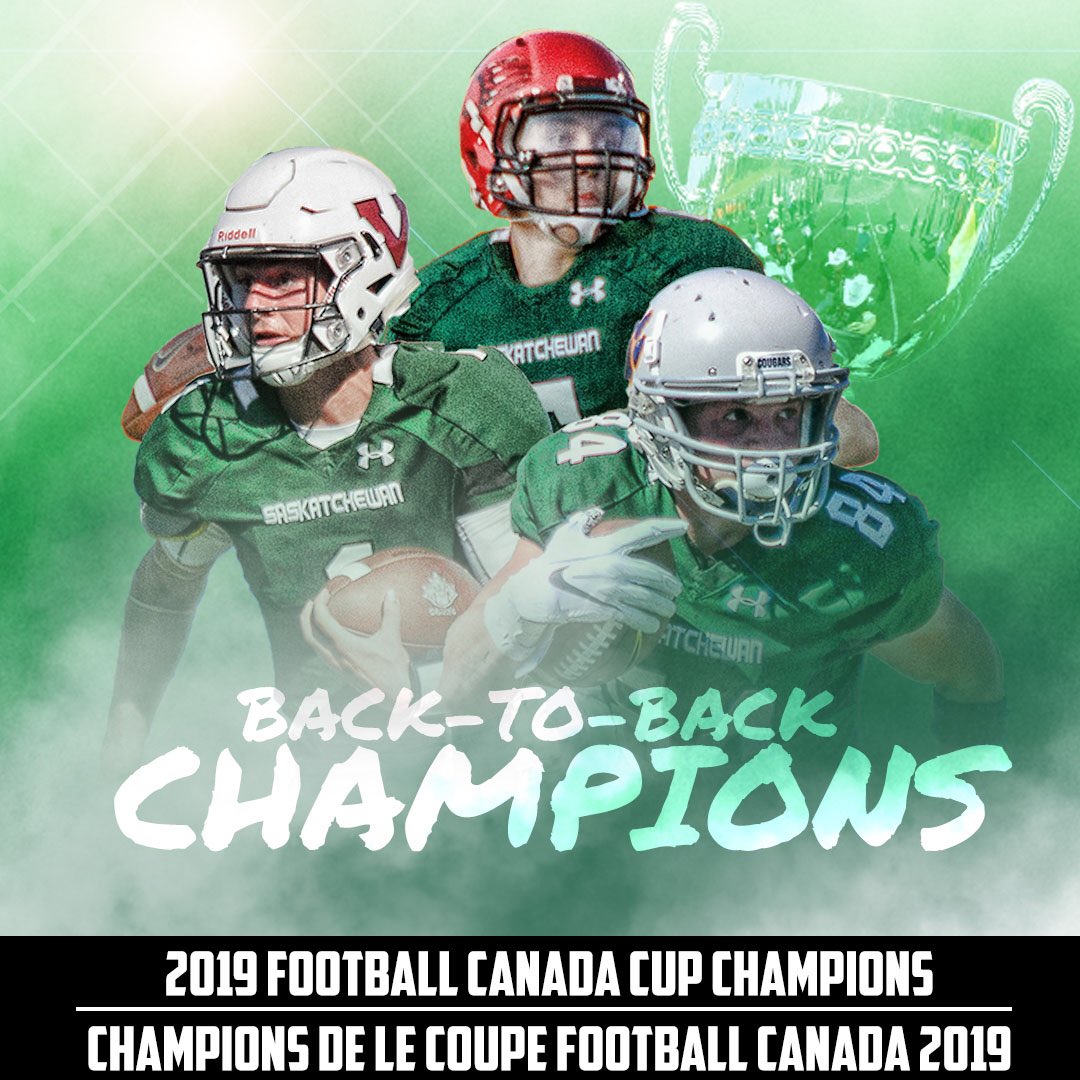 FootballCanada's tweet photo. Our 2019 Football Canada Cup Champions. For the second year in a row Team Sask takes it home. Congrats on your hard work!#FCC2019 @FootballSask https://t.co/mVcgBkeZYa
