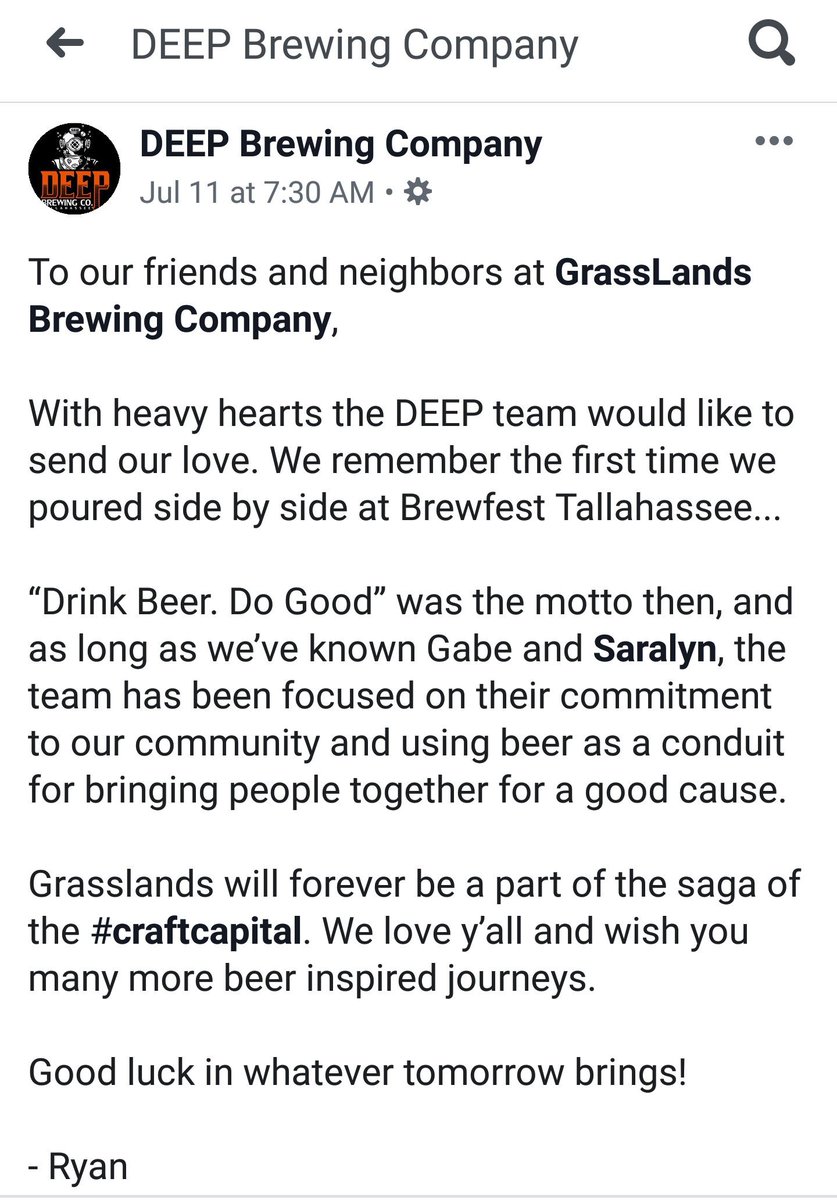 ICYMI (or aren't on Facebook) here's <a href="/DeepBrew/">Deep Brewing Company</a>'s farewell to <a href="/GrassLandsBrew/">GrassLands Brewing Co</a> this week they posted. GrassLands - and their unique style &amp; funky, attention-grabbing brews - help make #TLH the #CraftCapital

Well said, <a href="/RyanLaPete/">Ryan LaPete</a> &amp; #TeamDeep.🍻

#Craft #Community #TallahasseeProud
