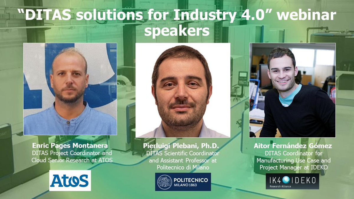 DITASproject's tweet photo. 3 days left to the first DITAS use-case-focused webinar (July 24 14:00 CEST) leaded by @IDEKO_IK4, describing the problems DITAS can solve and the integration of DITAS framework in a real #Industry40
use case. Register now! https://t.co/MR33IMDy1m #DITASproject #DITASwebinarI40 https://t.co/ePb99mfp1q