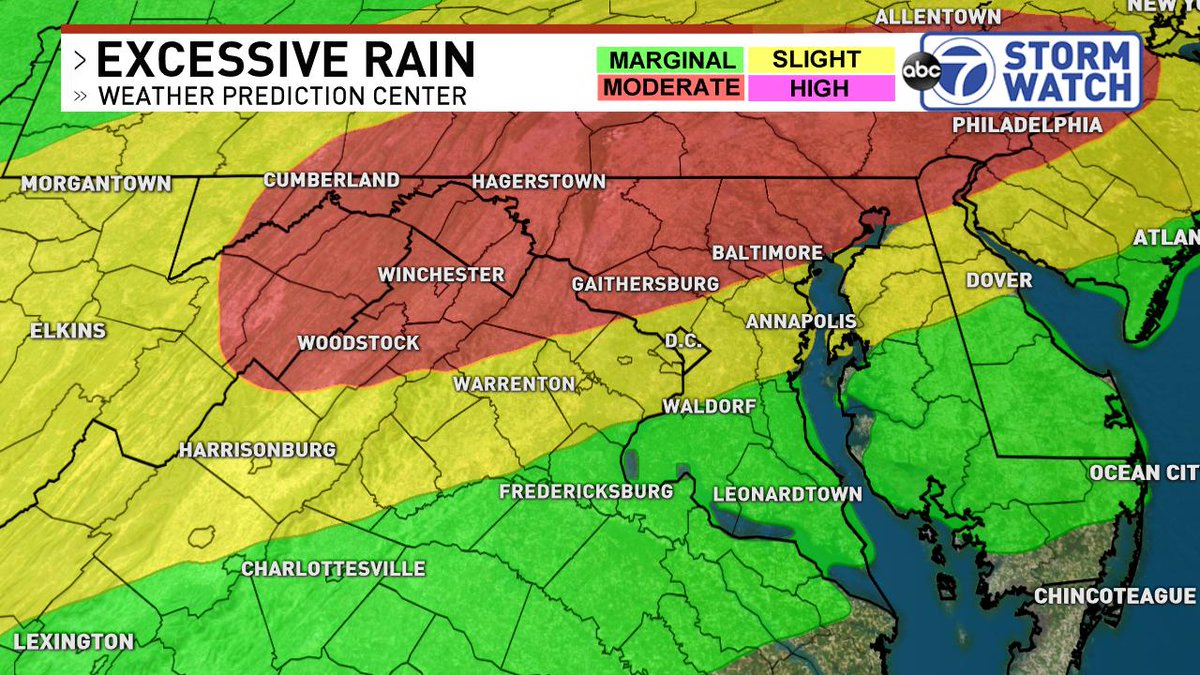 AlexLiggittWX's tweet photo. The Weather Prediction Center has placed parts of the DC area in a Moderate Risk for excessive rainfall and possible flooding Monday morning through Tuesday morning. Storm timing will coincide with the Monday afternoon and evening commute. https://t.co/jQuAgXkQaD