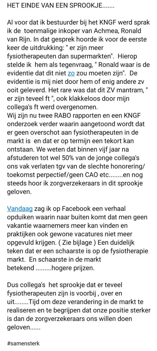 <a href="/VGZ/">Coöperatie VGZ</a> <a href="/ZilverenKruis/">Zilveren Kruis</a> <a href="/onvz/">ONVZ</a> <a href="/Menzis/">Coöperatie Menzis</a> @cz <a href="/DSW_Zorg/">DSW Zorgverzekeraar</a> <a href="/hugodejonge/">Hugo de Jonge</a>  Misschien even lezen dit epistel van een bestuurder van het @KNGF_Fysio. Bedenkt U bij het bepalen van het tarief; wij fysio's weten dit, net als u allen! Dus..
#contract2020 #eerlijkeprijs
@AFysiotherapie
<a href="/actiefysio/">Actiefysio</a>