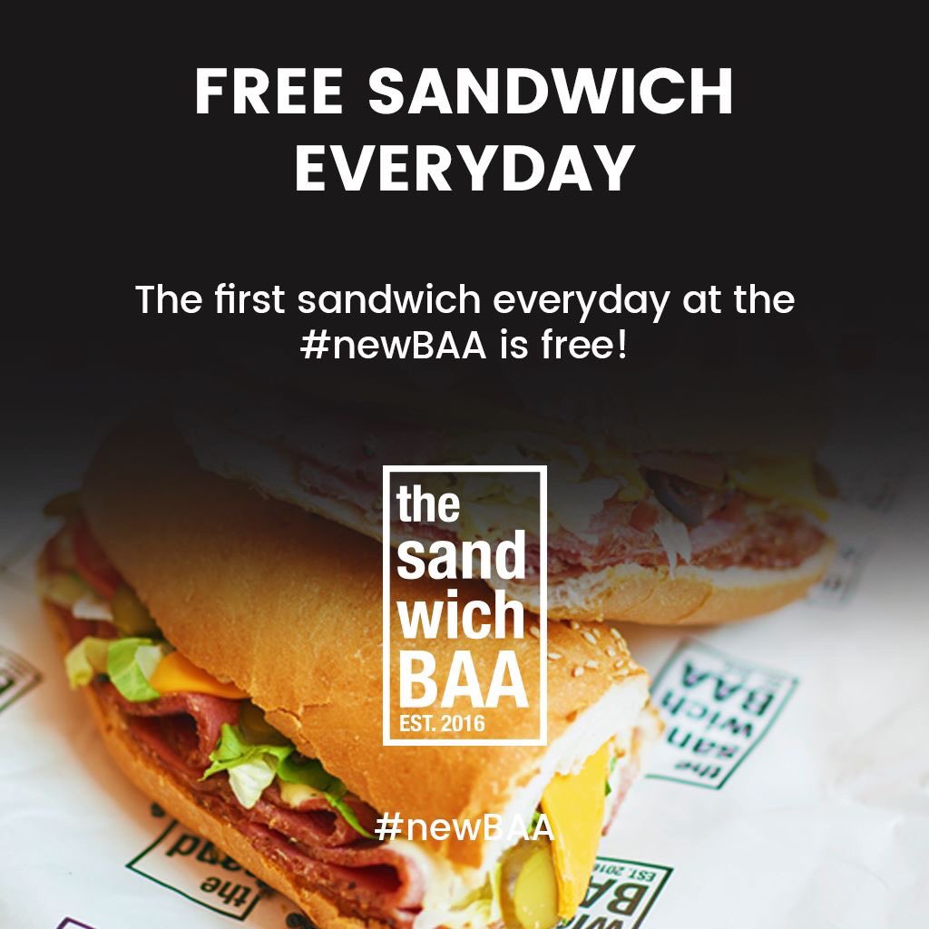 TheSandwichBaa's tweet photo. The first sandwich at the #newBAA is free every single day! https://t.co/kMumtffEZZ