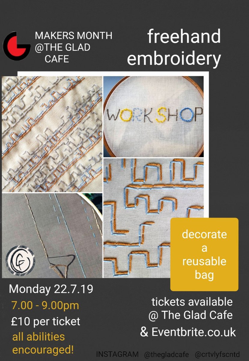 crtvlyfscntd's tweet photo. 2 spaces still available for the #makersmonth freehand embroidery workshop @thegladcafe tomorrow! 🌟 https://t.co/RiSNF2NUJO