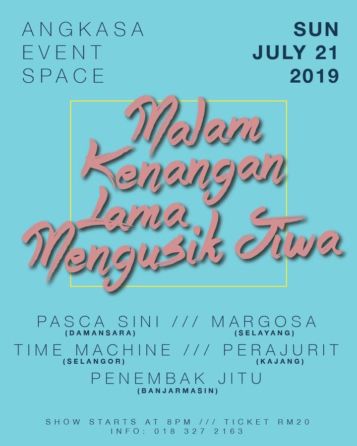Jangan lupa temujanji kita malam ini. Pintu <a href="/AngkasaSpace/">ANGKA///SA EVENT SPACE</a> akan dibuka dari jam 7 malam ini.

Persembahan dari 5 bands; <a href="/PascaSiniMY/">PASCA SINI</a>, <a href="/MargosaMusic/">𝐌 𝐀 𝐑 𝐆 𝐎 𝐒 𝐀</a>, <a href="/timemachinewho/">timemachine</a>, <a href="/PERAJURITMY/">PERAJURIT</a> dan Penembak Jitu dari Indonesia.

Tiket hanya RM20 sahaja!

#MalamKLMJ