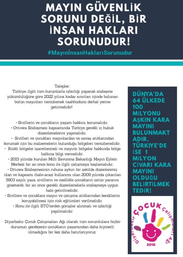 CocukAgi's tweet photo. Mayın güvenlik sorunu değil, bir insan hakları sorunudur! 
Dersim Ovacık'taki mayın patlaması sonucu yaşamını yitiren çocuklara ilişkin Diyarbakır Çocuk Çalışmaları Ağı olarak çağrımızdır.
#MayınİnsanHaklarıSorunudur https://t.co/ECgkn9dwBM