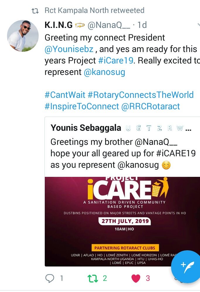 kanosug's tweet photo. Greetings IPP @NanaQ__ , did you know that the long awaited #iCARE19 project in partnership with @rotoract_ho is close? #RotaryConnectsTheWorld #KANOsProject https://t.co/2i7ROHPrUo