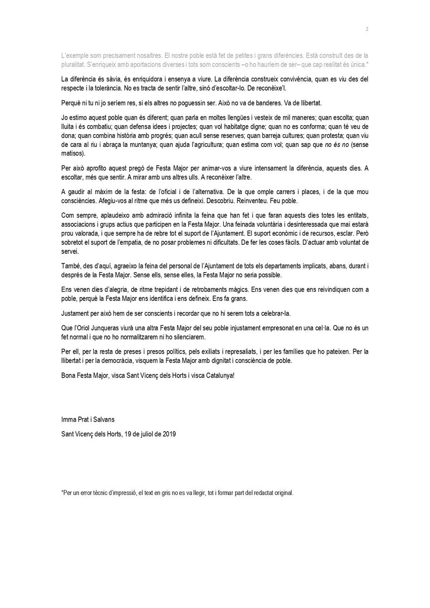 ImmaPrat's tweet photo. Un honor fer el pregó de la Festa Major de #SantVicençdelsHorts i una obligació dedicar-lo a denunciar la injustícia que viuen els presos i preses polítics, i especialment el nostre veí, @junqueras. No ho normalitzarem ni ho silenciarem! #freetothom #llibertat 🎗️ https://t.co/5BJsmiz8PK