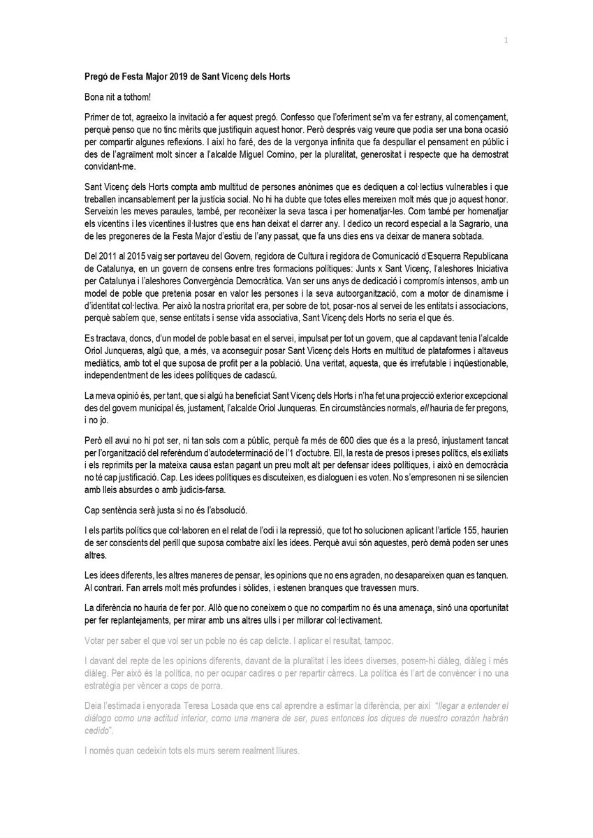 ImmaPrat's tweet photo. Un honor fer el pregó de la Festa Major de #SantVicençdelsHorts i una obligació dedicar-lo a denunciar la injustícia que viuen els presos i preses polítics, i especialment el nostre veí, @junqueras. No ho normalitzarem ni ho silenciarem! #freetothom #llibertat 🎗️ https://t.co/5BJsmiz8PK