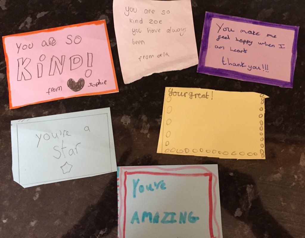 peaponderer's tweet photo. Zoe’s school is have a #wellness week. I’m not sure what this task was but Zoe came home with all these lovely little notes in her bag 😍

#inclusion 
#OneOfTheGang

@Wouldntchangea1 https://t.co/oHJPUxiDHm