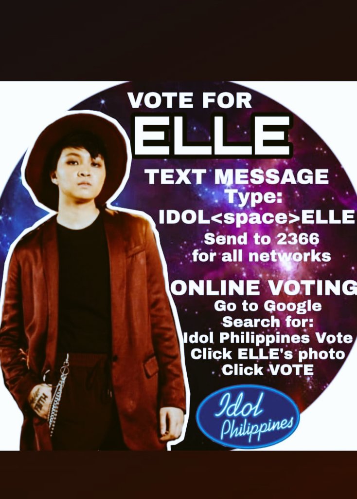 marygracepront3's tweet photo. VOTE FOR ELLE 
Text Message: 
IDOL<space>ELLE to 2366 for all networks.

Online Voting:
Go to Google 
Search "Idol Philippines Vote"
Click ELLE's photo
Click VOTE 
*VOTING WILL START PO AFTER MAG PERFORM NG IDOLS AND WHEN BILLY SAYS NA VOTING IS NOW OPEN*

#IdolPHroadToFinale https://t.co/b9xwBRuqkb