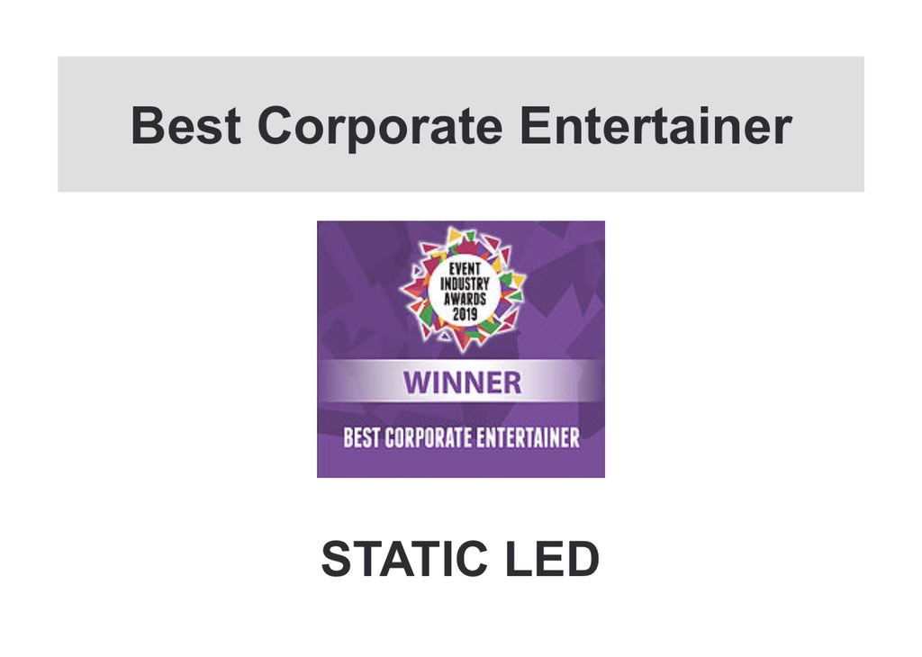 StaticLED's tweet photo. We are so grateful to be voted The Best Corporate Entertainerat 2019 at #EventAwardsIRL. Thank you all for your support any massive congrats to @EventAwardsIRL for amazing event. https://t.co/xnvrPpQO9y