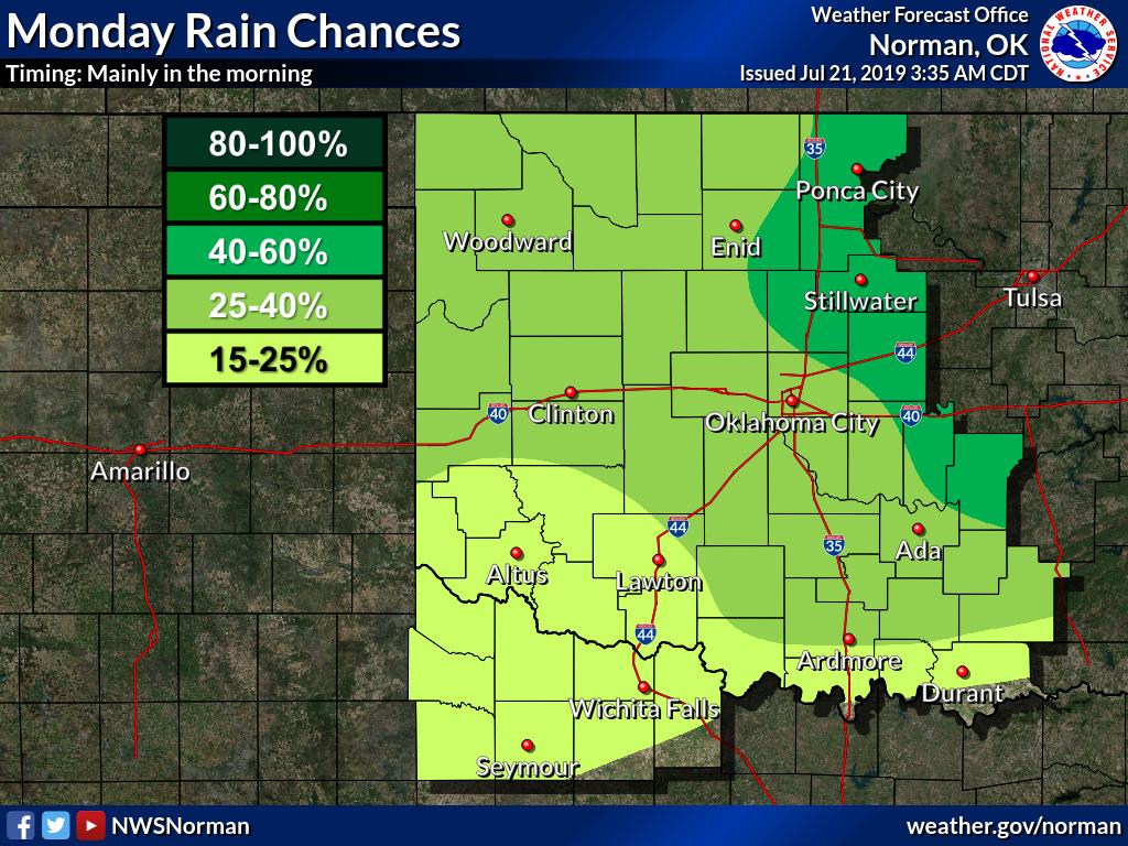 NWSNorman's tweet photo. A cold front will enter northern Oklahoma late this afternoon and will move across the rest of the state by mid morning Monday.  Widely scattered showers and storms will develop behind the front, especially Sunday evening and night.  #okwx #texomawx https://t.co/F4flU1OieI