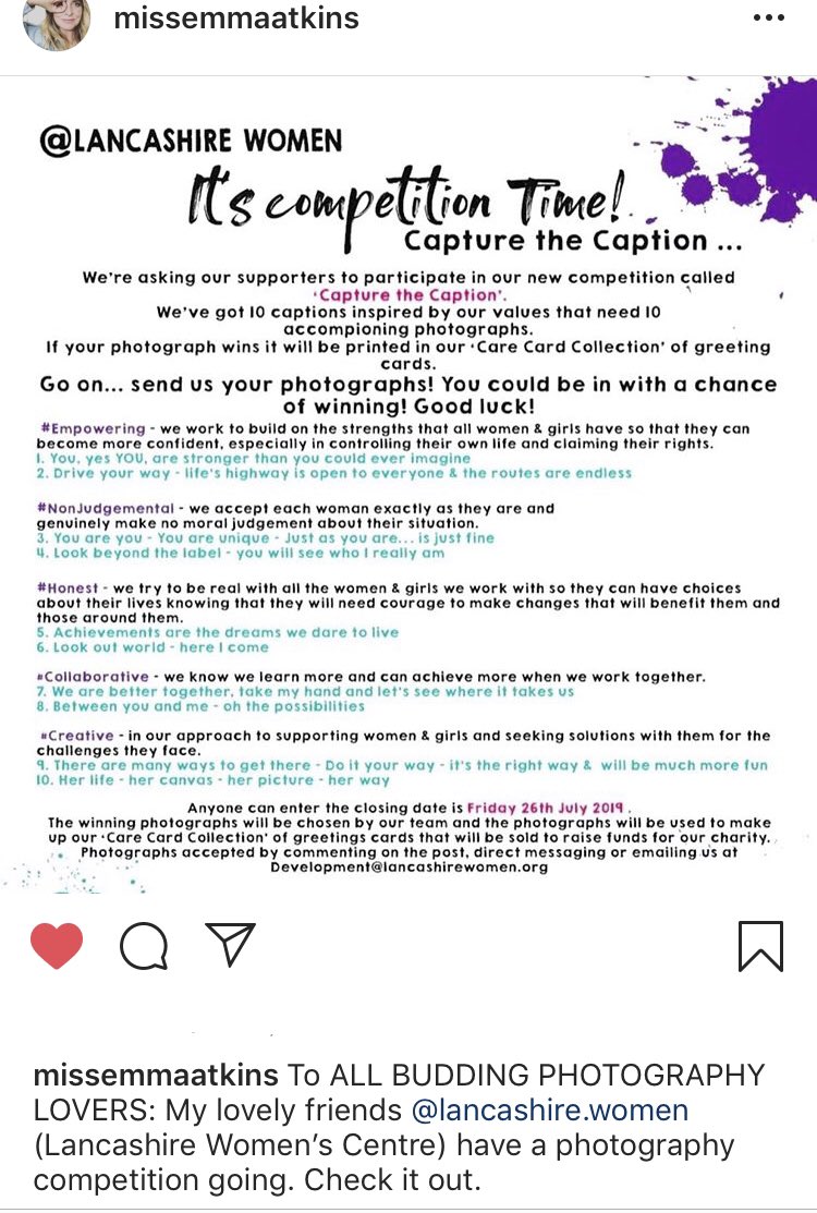 LancashireWomen's tweet photo. Introducing our HEAD JUDGE for our photography competition 😍 our gorgeous friend & actress - #EmmaAtkins will be picking the winners for our competition! #CaptureTheCaption 📸
The closing date is next week- send your entries to development@lancashirewomen.org or comment below! https://t.co/NRE7j4F8Ho