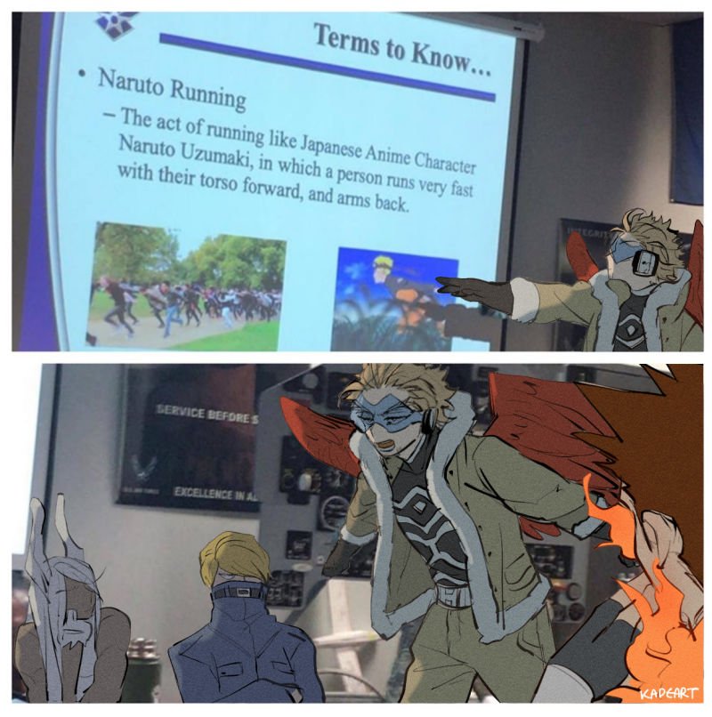 kadeart's tweet photo. Hawks explaining Naruto Run to the other top pro heroes https://t.co/DcYLuzbRPb