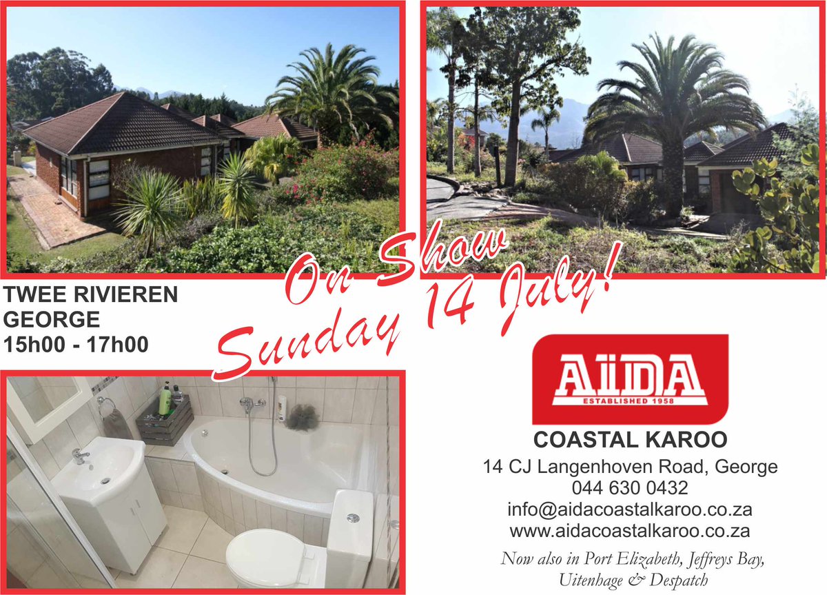 SABusinessIndex's tweet photo. AIDA GEORGE ON SHOW - Sunday 14 July 2019
15h00 - 17h00 TWEE RIVIEREN
Kotie Veldman: 072 947 1458 kotie@aidacoastalkaroo.co.za
Jan von Benecke 083 681 7149 jan@aidarealestate.co.za
Follow signboards from Courtenay/Wellington Streets. https://t.co/er37jpYSZ2