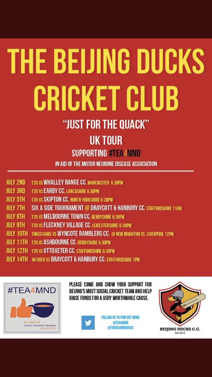 PeteCMND's tweet photo. The last day of @TheBeijingDucks tour today as they take on @DANDHCC. They have currently raised £1880 for the #Tea4MND campaign for @mndassoc - will we see £2000 broken today? #2KSunday #TeamMND #CricketTea4MND https://t.co/LzCAs9mitv
