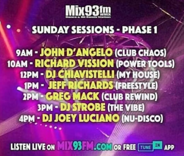 mix93fm's tweet photo. #SundaySessions #Phase1 on https://t.co/ZAdSHH07NQ or look for #Mix93fm on free #TuneIn app for @john_dangelo @richardvission @djchiavistelli #JeffRichards #DjGregMack #DjStrobe @DjJoeyLuciano playing #Classics #Freestyle #NuDisco #HouseMusic #Dancemusic #CommercialFree https://t.co/d35xaJuPsW