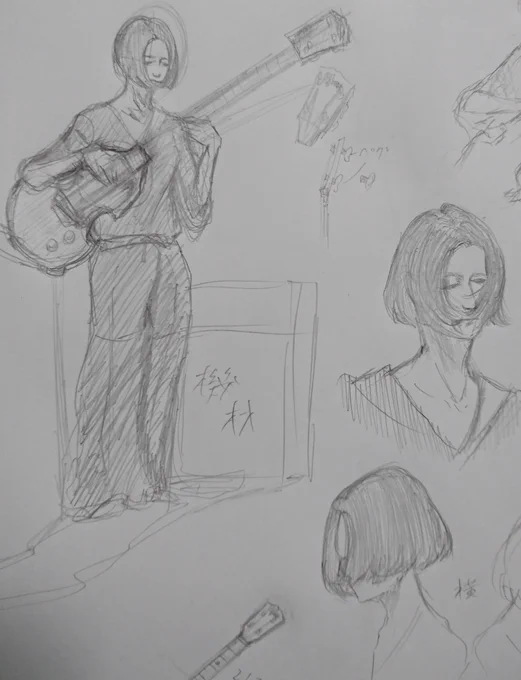 坂本慎太郎さんのソロに欠かせないメンバーと楽器の練習のラフ絵です(線きたなくてすみません?) 
