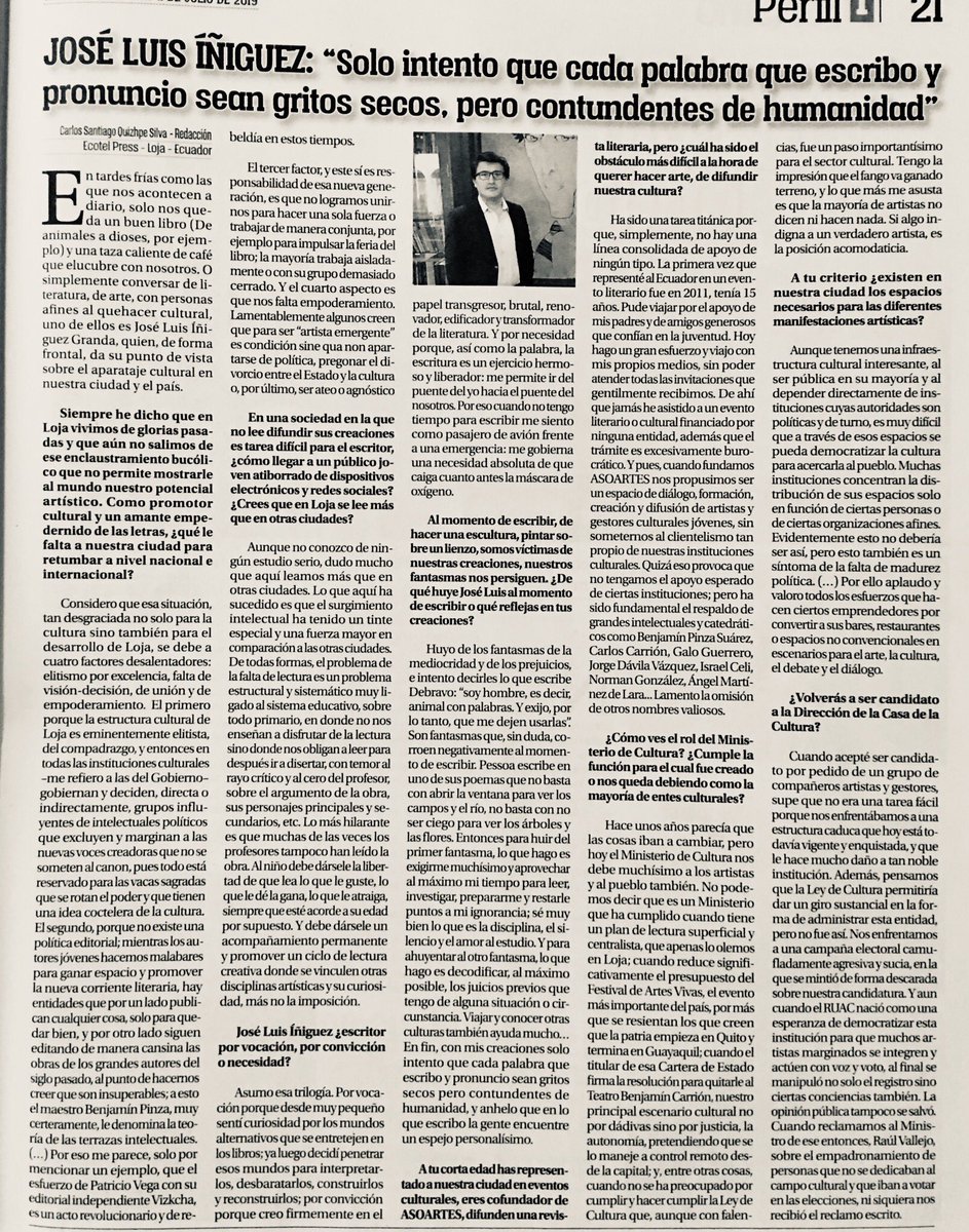 jlig_96's tweet photo. Queridos amigos: les comparto la entrevista que me realizó Carlos Santiago Quizhpe. Abordamos algunos temas que poco se debaten en la opinión pública. Si acaso la imagen no es legible, pueden leerla aquí, ampliada: https://t.co/5njrYGtv8u https://t.co/EOcuv7MKEK
