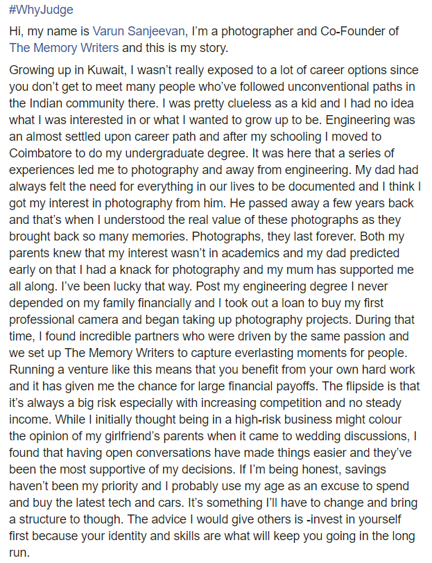 I4Investography's tweet photo. #WhyJudge

Hi, my name is Varun Sanjeevan (@svarunz), I'm a photographer and Co-Founder of The Memory Writers (https://t.co/LS6xRQwnmt) and this is my story.

https://t.co/4QPwjdFHTu

#wecare #investography #money #stories #personalfinance #photography #followingpassions https://t.co/Kr7VGMf3xR