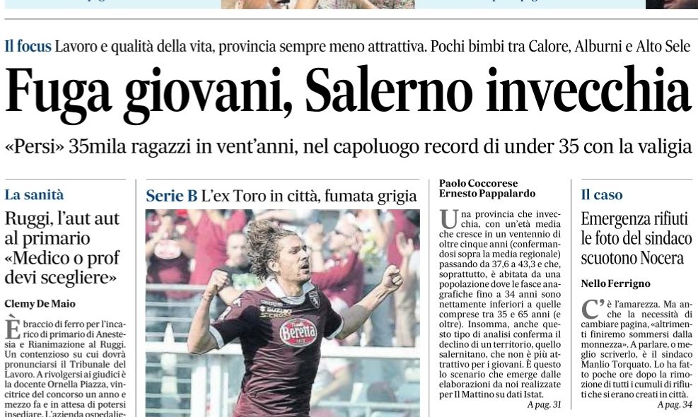 La popolazione in provincia di Salerno invecchia, dinamiche che lasciano presumere flussi verso altri territori delle fasce più giovani. L'analisi con il prof. Paolo Coccorese sul Mattino (ed. Salerno) oggi in edicola.