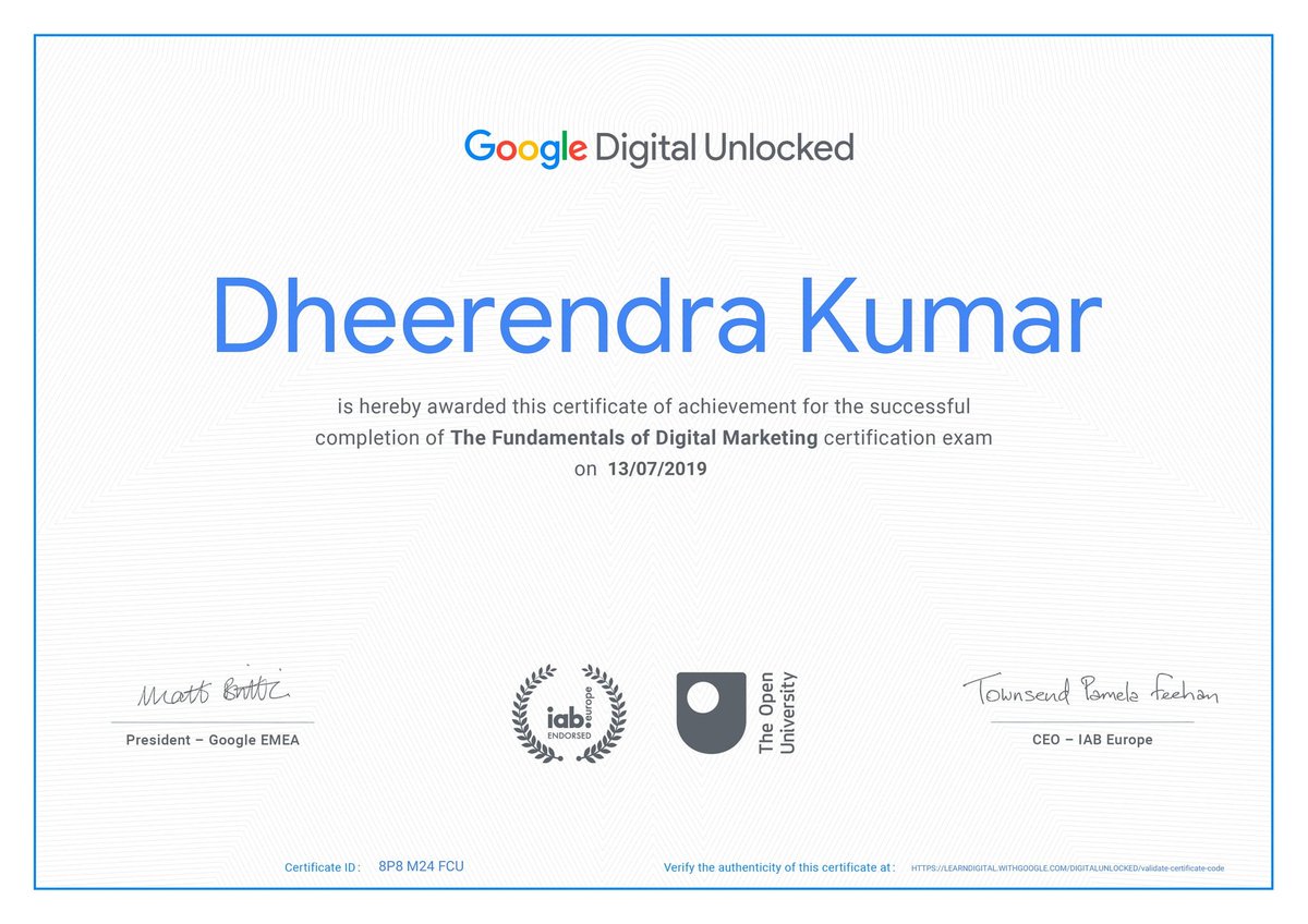 thedheerendra's tweet photo. Finally completed The Fundamentals of Digital Marketing Course in Google Digital Unlocked and now I certified ✌️
Thanks @GoogleForEdu @GoogleIndia ♥️
#Google #GoogleDigitalUnlocked   #Digitalmarketing #Smm #Seo
#webdevelopers #webdevelopment 
 #thedheerendra #digitalcid https://t.co/HFJF7adbbo