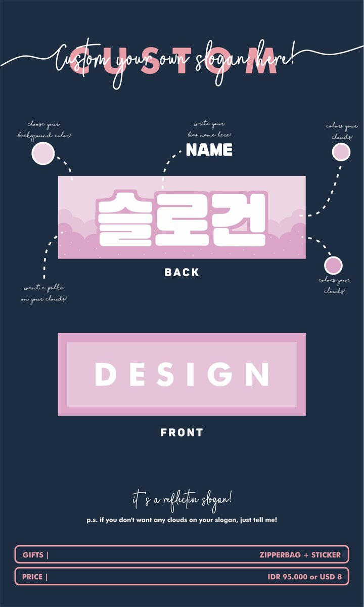 sloganfactoryid's tweet image. 🎐 𝐂𝐮𝐬𝐭𝐨𝐦 𝐒𝐥𝐨𝐠𝐚𝐧 🎐
🌸 Reflective slogan
🌸 Price : IDR 95K / USD 8
🌸 Size : 60*20
🌸 Gifts : Zipperbag + sticker