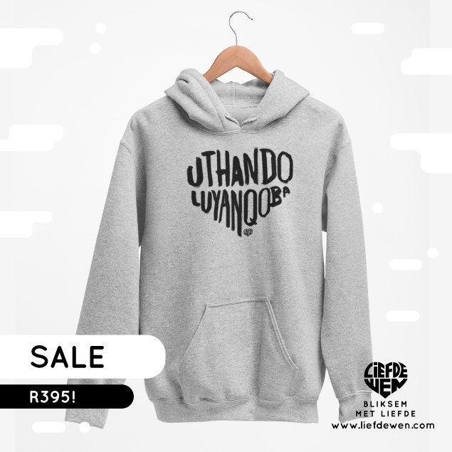 #UthandoLuyanqoba  hoodies is op 'n  massiewe #LiefdeWen  sale  wat sê: "Ons lief julle baie" ❤️

Hy is net aan vir vandag so, kry joune aanlyn 🌍