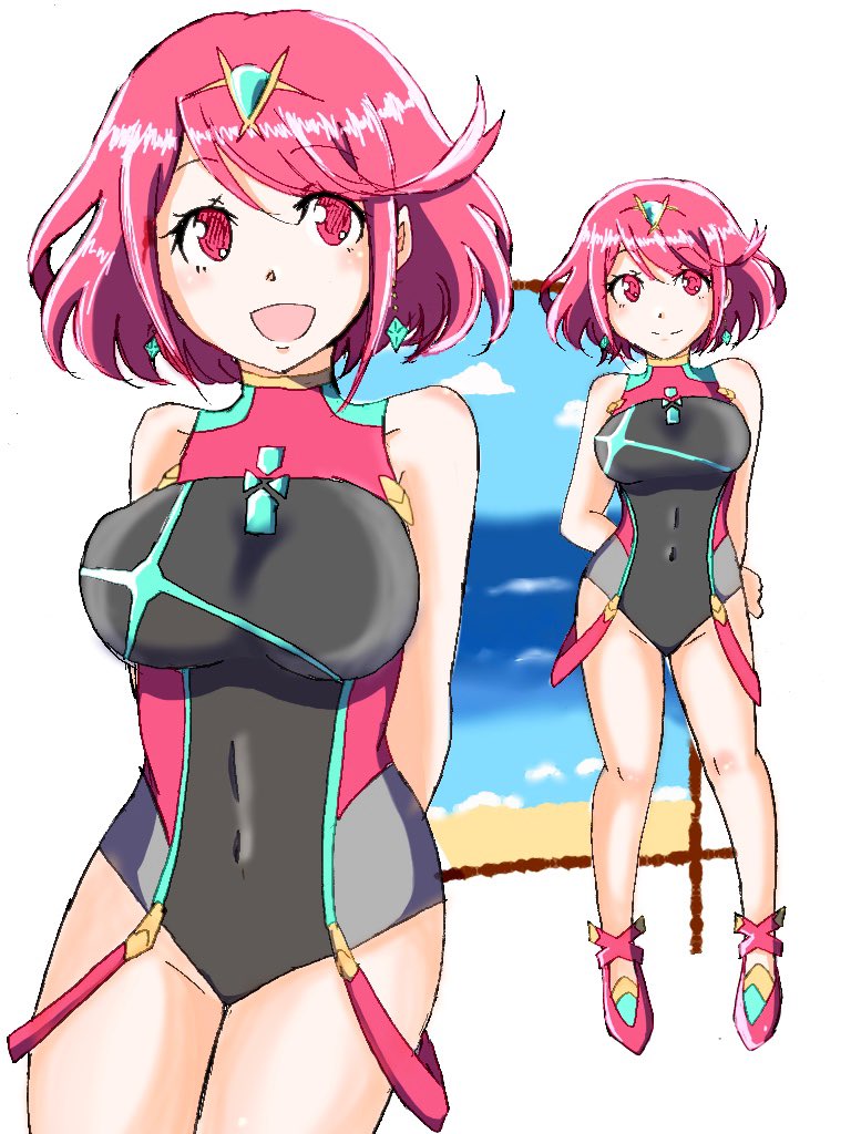 pyra_(pro_swimmer)_(xenoblade) ,ホムラ(ゼノブレイド2) 「水着ホムラ 」|えりんぎのイラスト