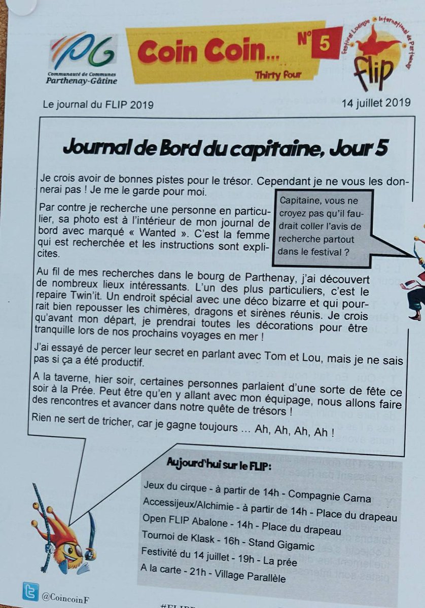 Le Coin Coin du jour ... Celui du 14 juillet

Un Avis de recherche, le RePaire Twin'it et le wuppie perdu 

Sortie à 14h.

#FlipParthenay #J2S #boardgame #DeuxSevres #JeuDeSociete #parthenay #jeu  #jv #JeuDeSociete
