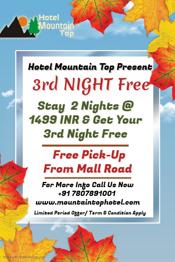 Hotel Mountain Top Special Deal-Get 3rd Night Free In Manali
Stay for 2 Nights <a href="/1499/">beverly paton</a> INR &amp; Get Your 3rd NIGHT FREE.
Limited Period Offer - Call Now At +917807891001
Know About Hotel : mountaintophotel.com
#hotelsinmanali #amneuhotels #hotelmountaintop #kullumanali #manalihotel