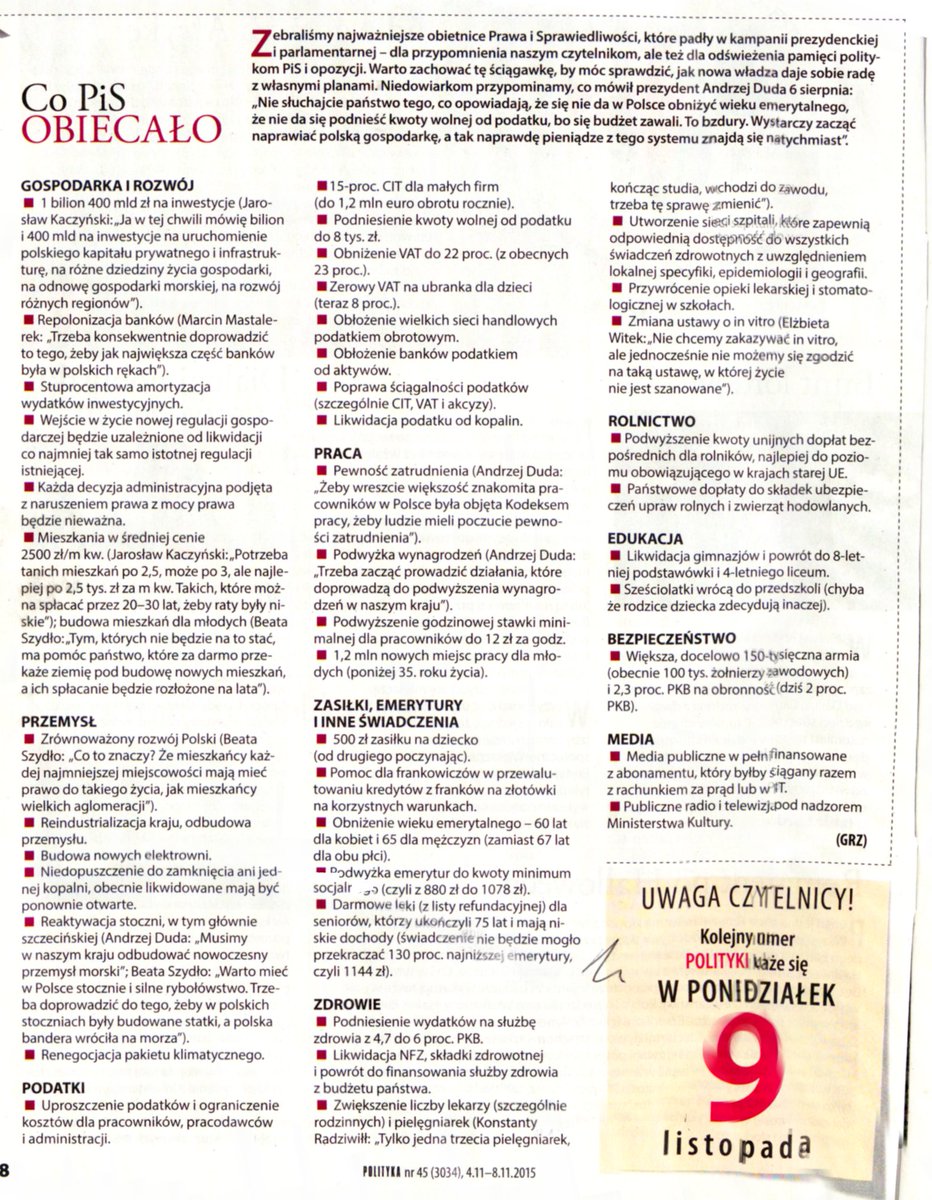 kancelaria27's tweet photo. UWAGA: Wiarygodność. Od wczoraj publikuję na TT wybrane obietnice wyborcze PiS z 2015 r. Nie widzę, aby te TT miały zbyt duże wzięcie. Te obietnice na gorąco zebrał i opublikował tygodnik Polityka, a ja zeskanowałem. Tu całość. https://t.co/J7xSRxFkXw