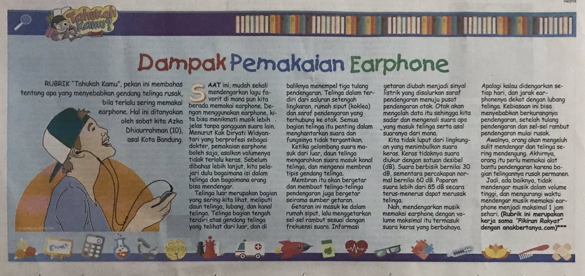 AnakBertanya's tweet photo. Ada anak #bertanya: Benarkah gendang telinga akan rusak krn terlalu sering memakai earphone?
Ini jawaban dari dr. Diryati @dirwid, yang dimuat di #PRKecil #113 https://t.co/K48GYT1Hzl
