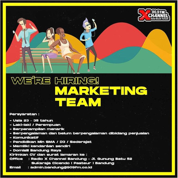 Apakah kamu suka denger music dan punya banyak link Klien yang berdomisili dibandung serta jago bikin event, tapi bingung mau ngelamar kerja kemana? 

Yuk gabung sama team Happy untuk posisi Marketing

Email : admin.bandung@909fm.co.id

#14JuliMatikanTVHargaMati #lokerbandung