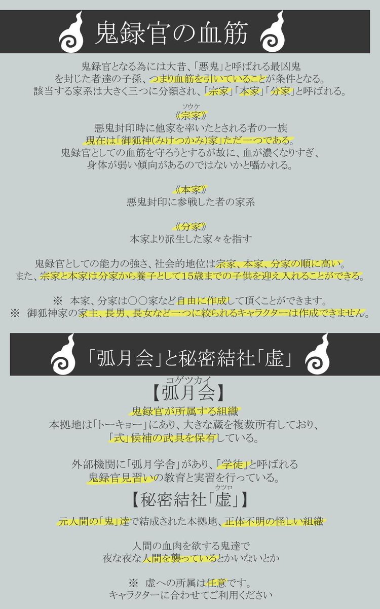 TeiEn_info's tweet photo. 「裁け、閻魔の名の元に━━━」

武具×血縁×明治大正時代
元人間の「鬼」を断罪する「鬼録官」とその眷属の武具「式」をメインとした和風ファンタジー企画です。

フォロワー数一定以上突破で始動
#帝エン_公式 #創作企画 

診断メーカー(リプ欄に続く)↓
-式-
https://t.co/ebGcroh26k
↓ https://t.co/kP0hYcVkSu