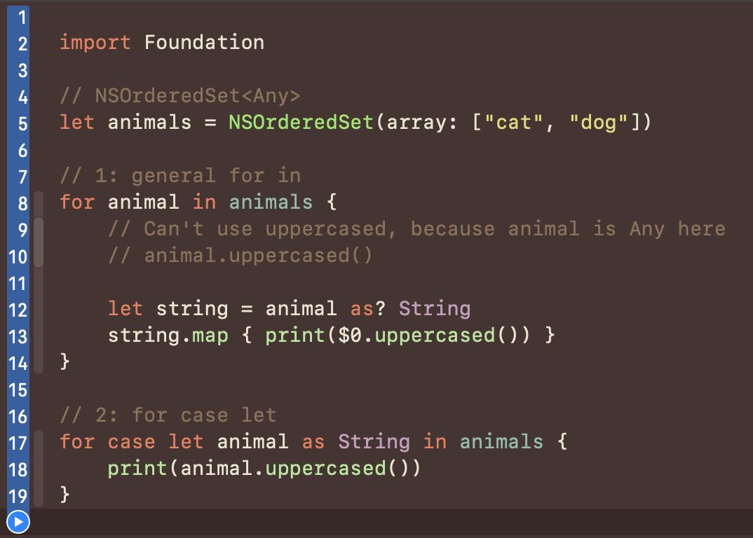 swiftyfinch's tweet image. 📚 Enums
И немного о Type Matching. Когда решал #AdventOfCode, в одном задании использовал NSOrderedSet. Но проблема в том, что тип элементов всегда Any и нужно много кастить к нужному типу, распаковывать опционалы. А можно просто использовать for case let.
#AdvancedSwift @objcio