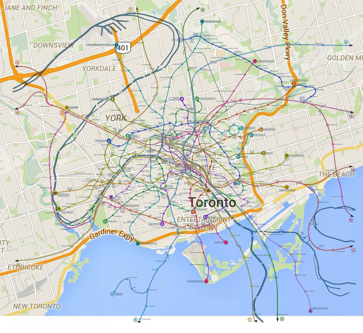 4 years ago for fun I overlaid the Paris subway and regional rail map on Toronto. (More or less)
