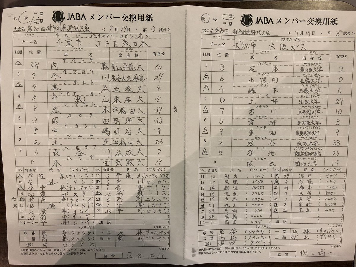 toyowaka1214's tweet photo. 第3試合
#大阪ガス vs #JFE東日本
のスタメンです！

#社会人野球
#都市対抗野球 https://t.co/j4BrgYjhR6