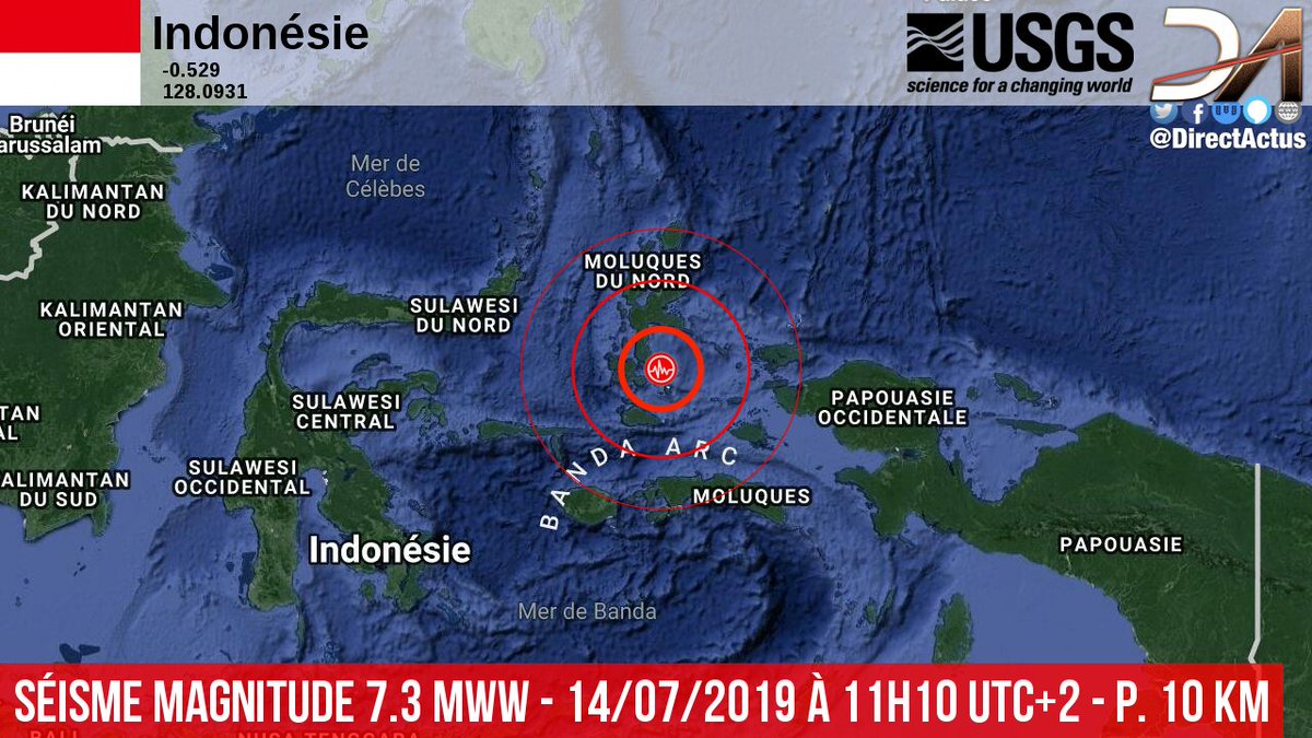 DirectActus's tweet image. 🔴🔴 #SÉISME M7.3, #INDONÉSIE 🇮🇩 Un violent séisme de magnitude 7.30 a frappé le 14/07/2019 à 11h10 [18h10 heure locale], #SouthHalmaheraRegency, #NorthMaluku, en Indonésie (@USGS @USGSBigQuakes #Earthquake) » dact.info/Jec2T