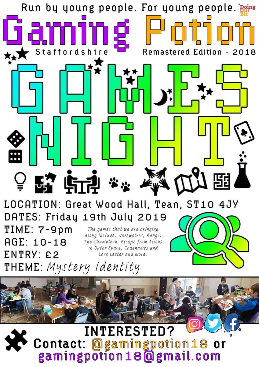 GamingPotion18's tweet photo. Our next session is on Friday 19th July 7-9pm at Great Wood Hall, Tean. Themed ‘Mystery Identity’, involving games where players hide their identities and have to work out who is who. 

The event costs £2 and is the first in a series of summer events! 

#gamingpotion https://t.co/RpTxwDm3TD