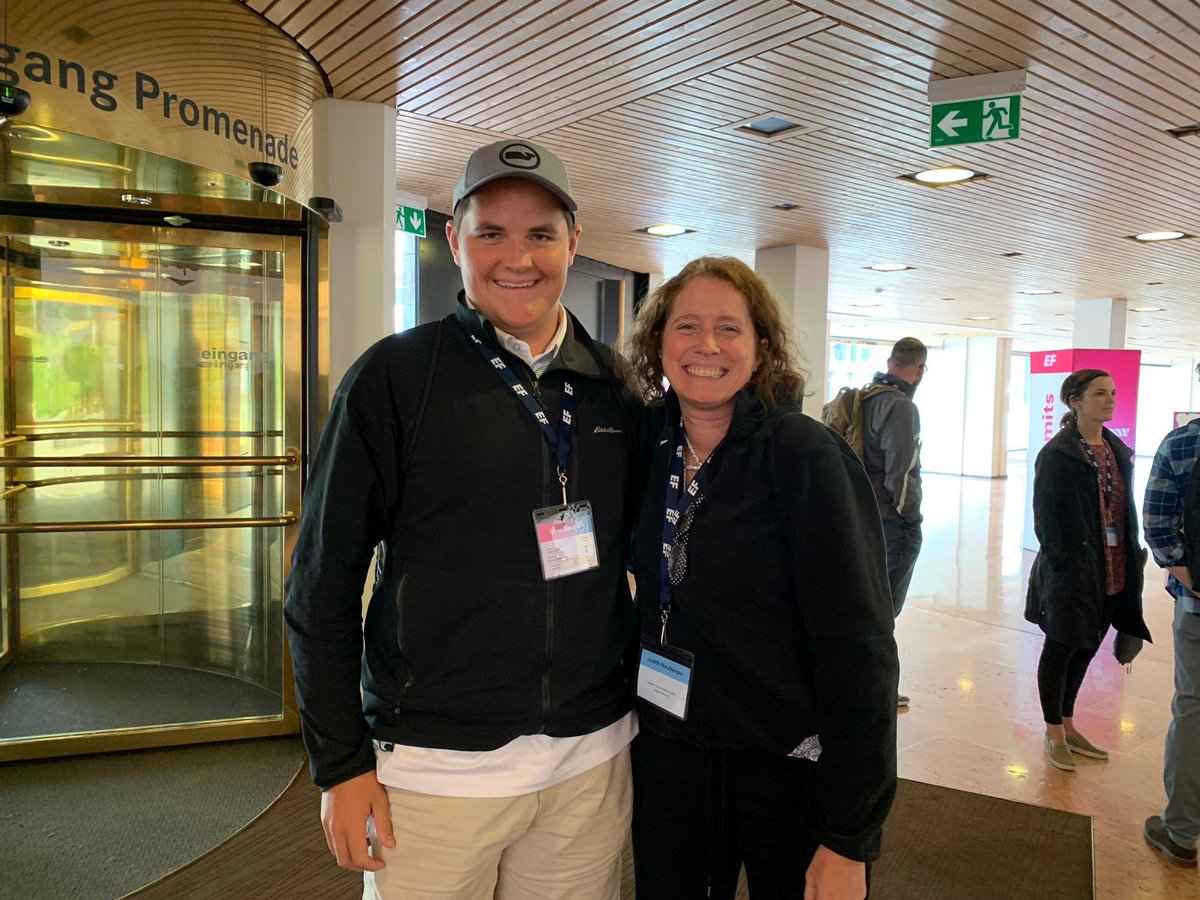 District128's tweet image. LHS counselor Judy Neuberger connects with LHS student Owen E. at the Global Leadership Summit. #D128DARING #EFsummits