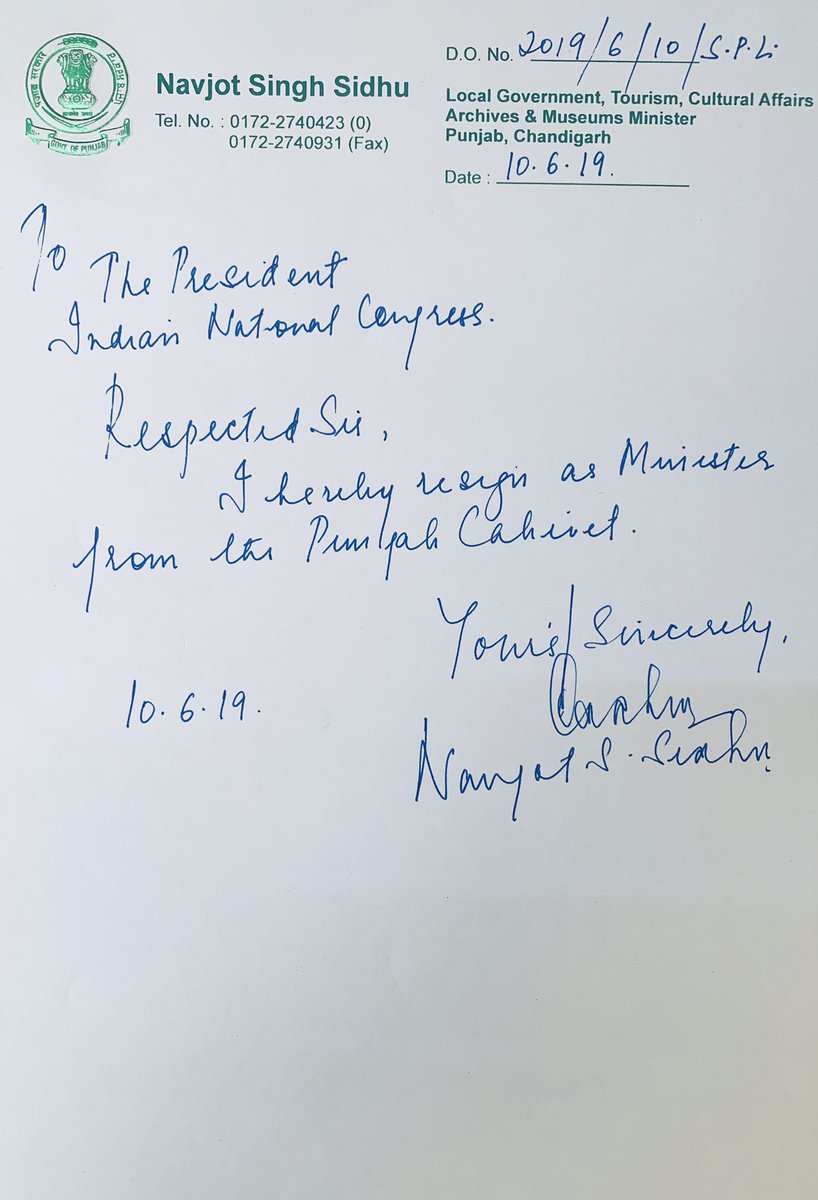 RCThaneEast's tweet photo. Navjot Singh Sidhu resigns as Punjab Cabinet minister, writes to Rahul Gandhi.
#IncredibleIndia
#RCTE #Rcthaneeast https://t.co/hNmclaRZzS