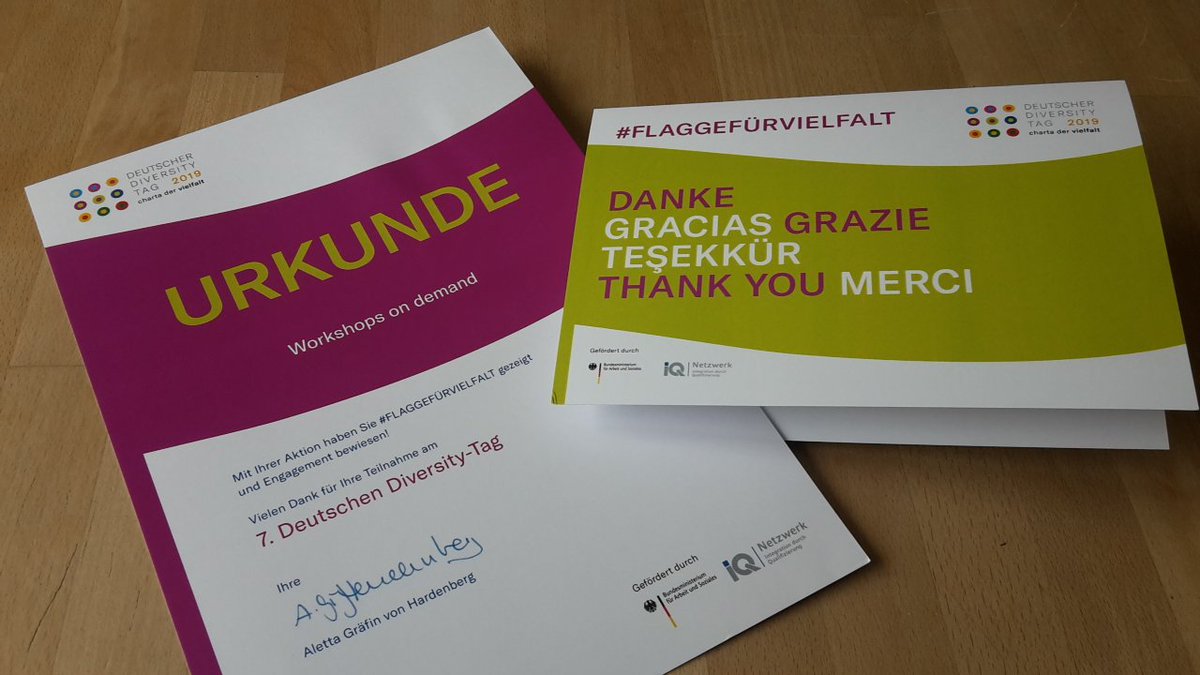 Heute kam die Urkunde zu unserer "Workshops on demand"-Aktion am Deutschen Diversity-Tag (#ddt19). Vielen Dank dafür an die @ChartaVielfalt. Der ddt20 ist vorgemerkt und wir werden wieder dabei sein.👍