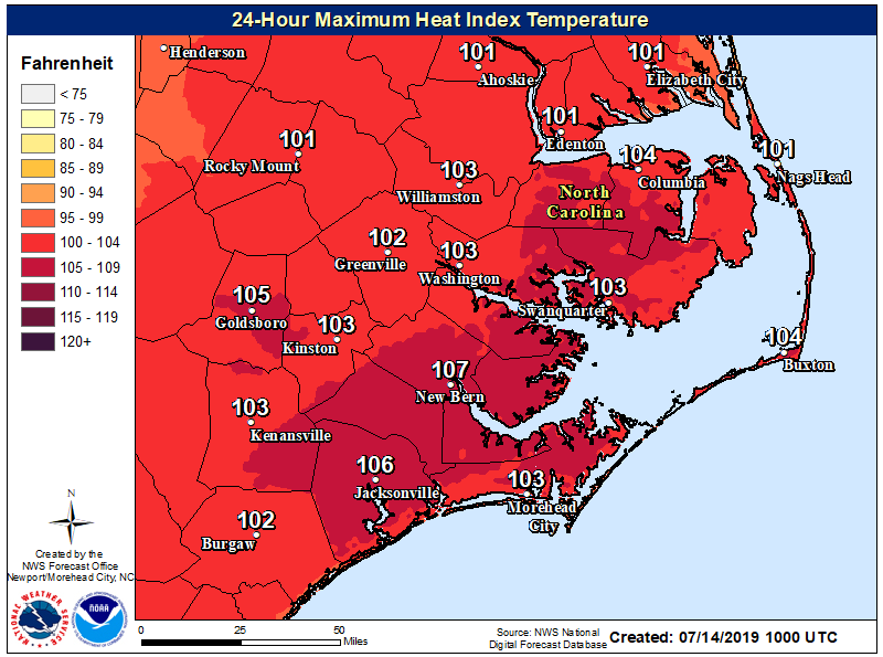 NWSMoreheadCity's tweet photo. A Heat Advisory is in effect for Eastern NC today for the dangerous combination of heat &amp; humidity which will produce Heat Index values of 100-110 degrees. Remember stay hydrated, take frequent breaks, &amp; spend time in the air conditioning. These conditions will persist all week. https://t.co/sqHXOnqDzJ