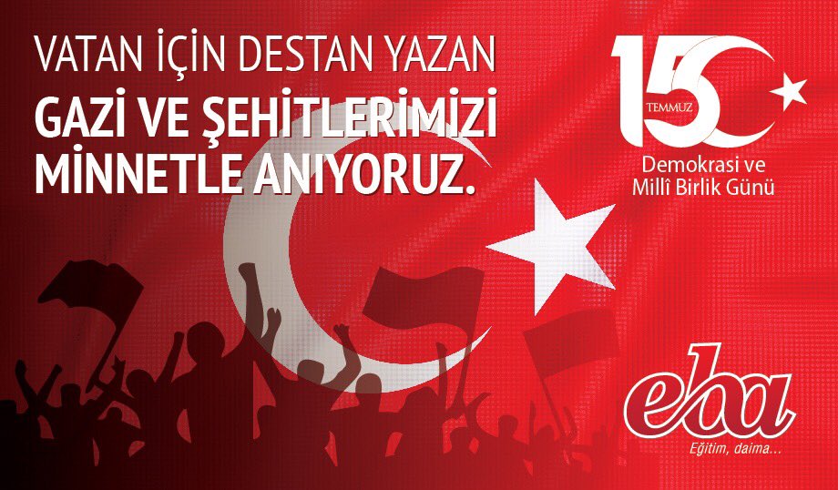 15 Temmuz Demokrasi ve Milli Birlik Günü sayfamızı ziyaret etmek için aşağıdaki linke tıklayınız...
eba.gov.tr/15temmuz
#mebeba <a href="/tcmeb/">Millî Eğitim Bakanlığı</a> #15TemmuzDestanı #15Temmuz #15TemmuzGecesi #DemokrasiveMilliBirlikGünü #DemokrasiZaferi <a href="/anadoluajansi/">Anadolu Ajansı</a>