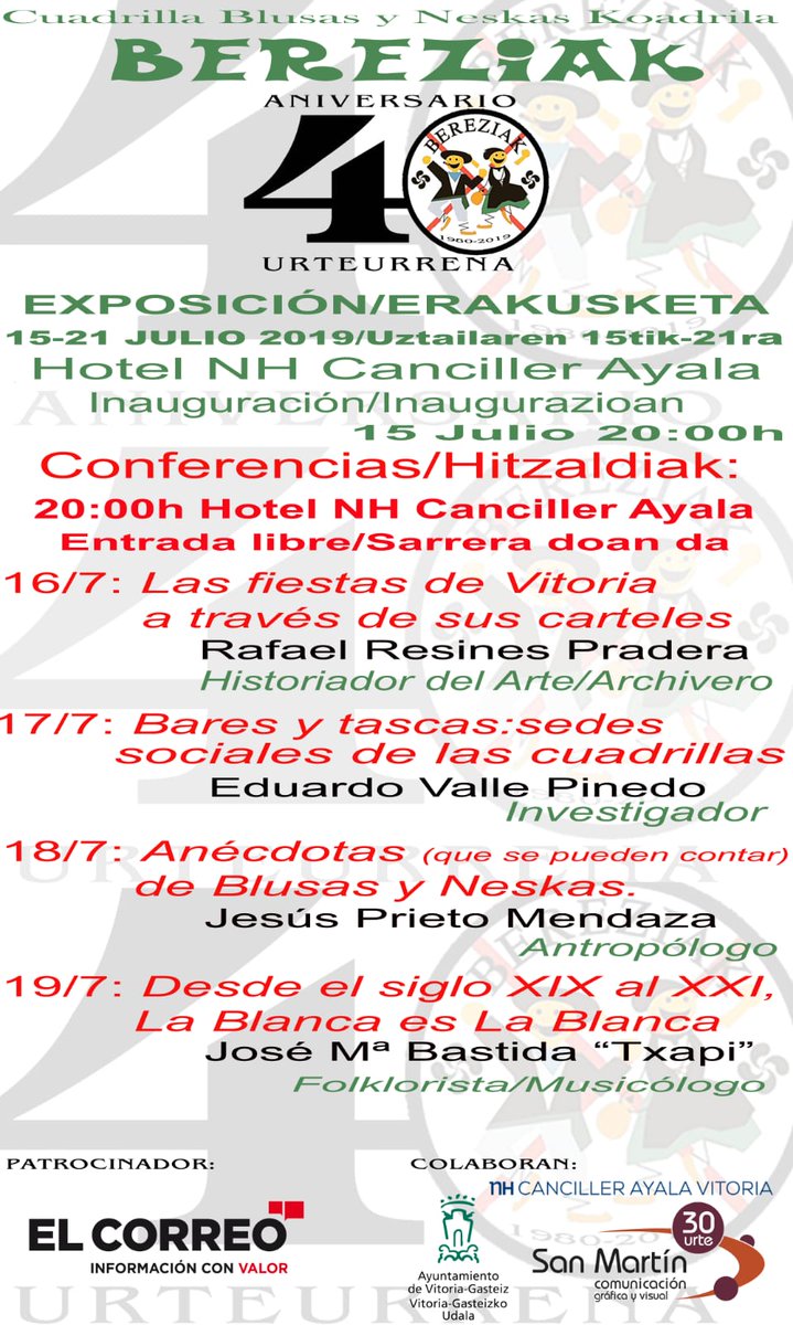 CBEREZIAK's tweet photo. Mañana lunes 15 de julio a las 20:00h de la tarde se llevará a cabo la inauguración de la EXPOSICIÓN 40 ANIVERSARIO BEREZIAK. 
Durante toda la semana contaremos con diferentes conferencias dónde trataran temas diversos. 
Estáis todos invitados.
#Bereziak #BereziakGara #Bereziak40 https://t.co/tRhlamnaFo